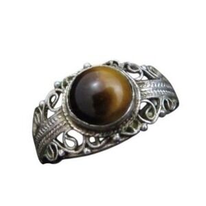 Vintage Tiger's Eye Cabochon Gemstone Sterling Silver Filigree Ring*Adjustable